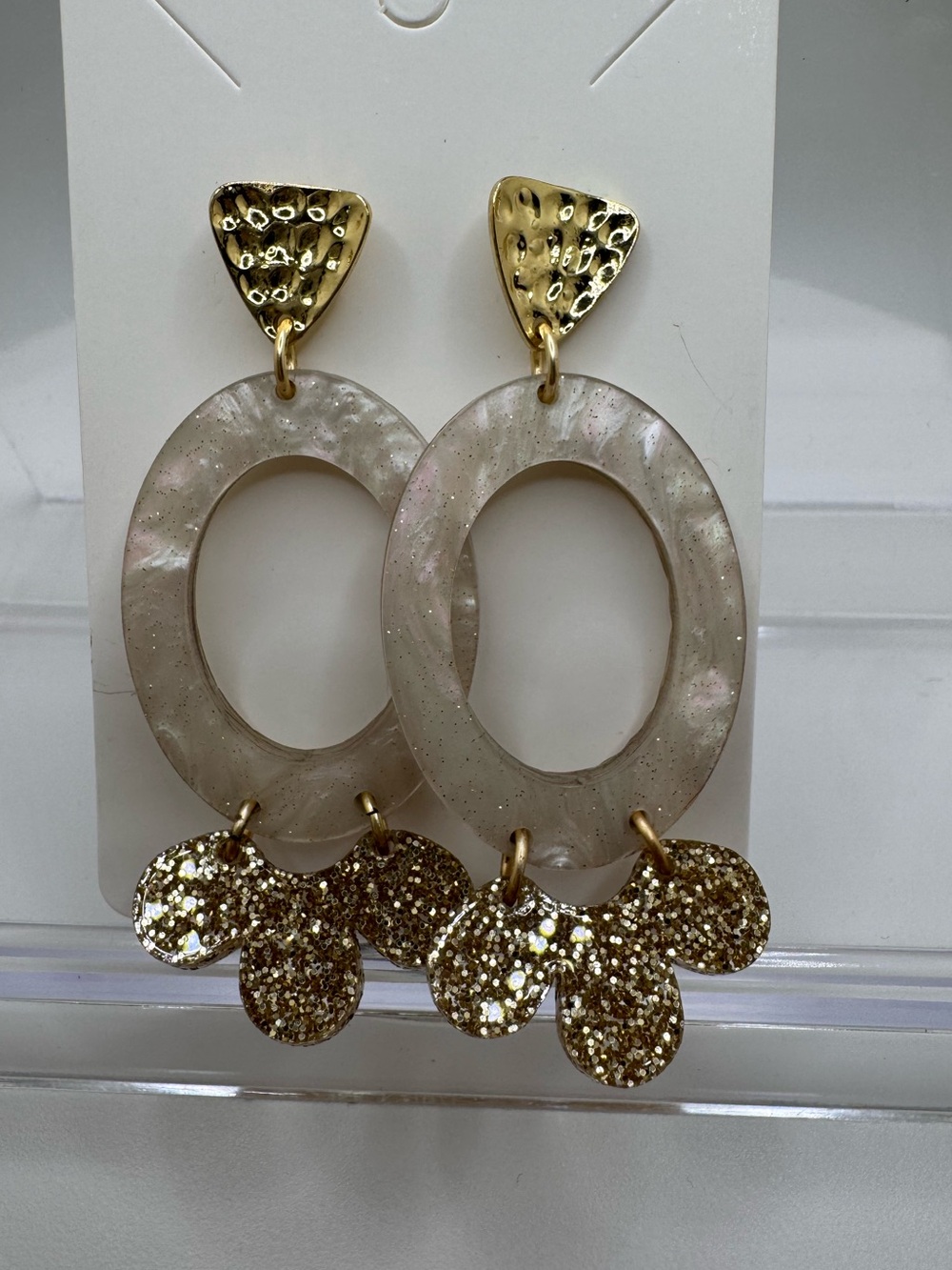 TAYLOR SHAYE Gold and Pearlescent Oval Drop Earrings with shiny hammered Accents